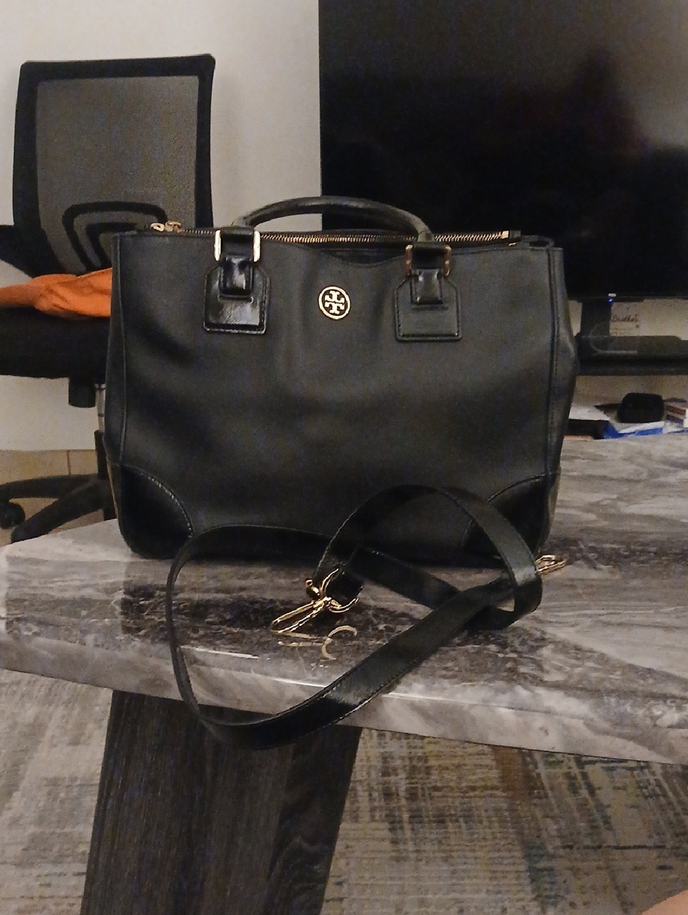 Tory Burch Black Leather Satchel Robinson with Gold Hardware